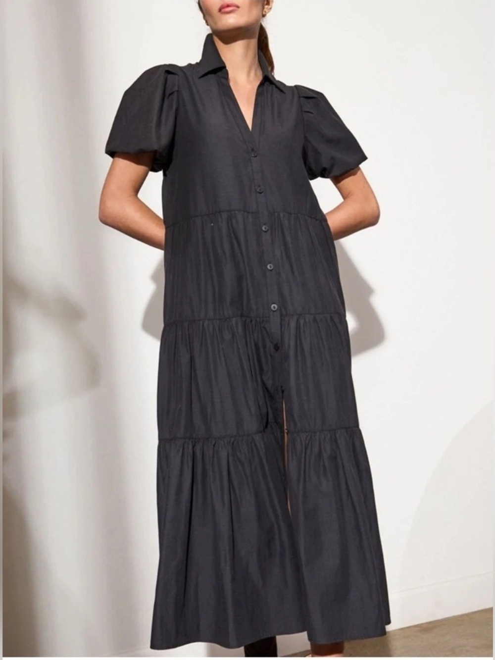 NWOT Brochu Walker Havana Tiered Button-Down Midi Dress-Dark Charcoal/Black-Sz M